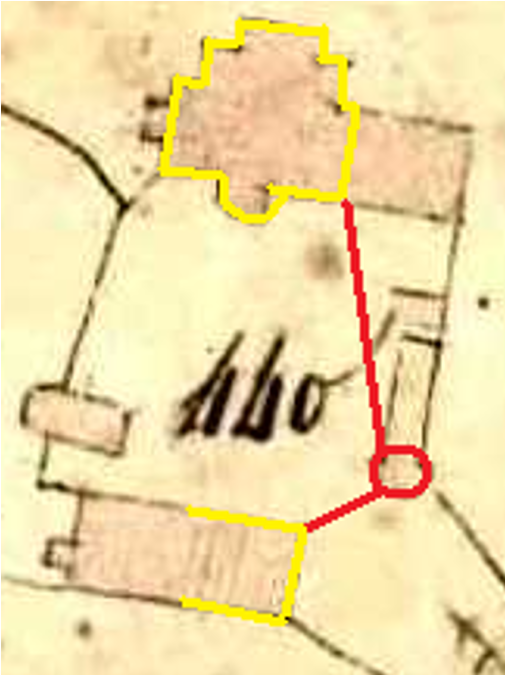 Un plan simplifié distinguant le logis, la tour, le mur du portail et l’aile Est. Représenter en pointillés le tracé restitué de l’ancien mur d’enceinte, avec la mention « tracé proposé par l’étude historique ».]
